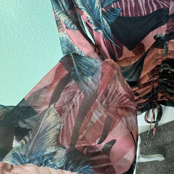 Daytrip Womens Long Sleeve Adjustable Top Medium Pink Navy Sheer Floral - Picture 2 of 10